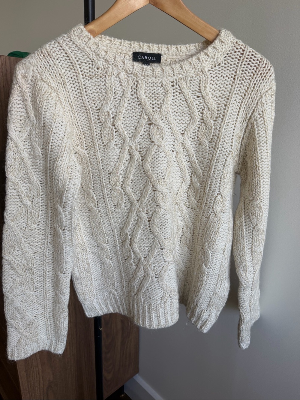 Caroll Paris Cream Cable Knit Metallic Thread Crewneck Sweater Size 40 (US M)